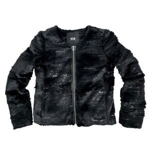 David Bitton Faux Fur Sequin Jacket Womens M Black Full Zip Glam Evening Shimmer